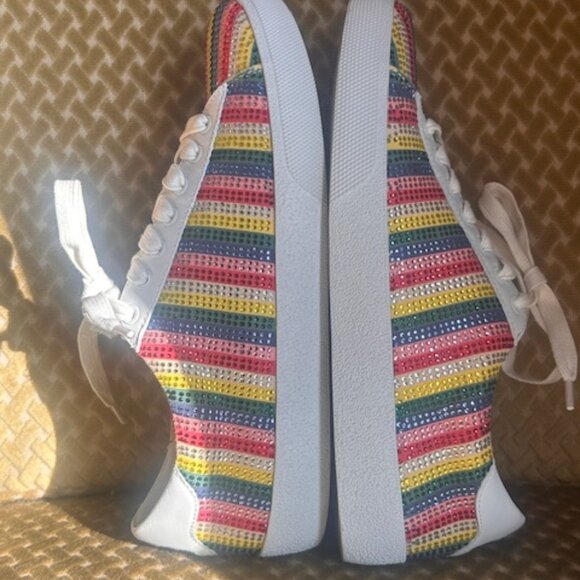 Alice and Olivia Cassidy Rainbow Stripe Sequin Leather Lace Up Sneakers Sneakers - Picture 8 of 16